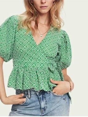 NWT Scotch & Soda Broderie Anglaise Wrap Over Top Eyelet Blouse Green